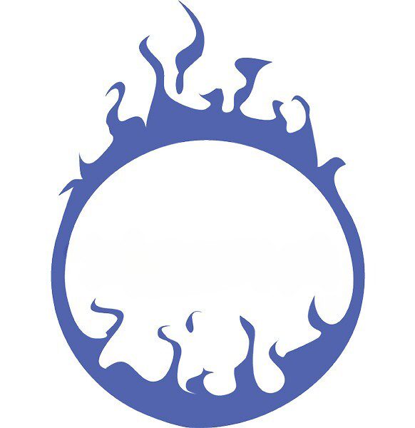 Blue circular design with flame-like edges.